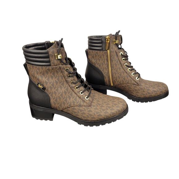 Michael Kors Combat Boots Women Size 8 Leather Logo Zippered Black Brown - Picture 1 of 13